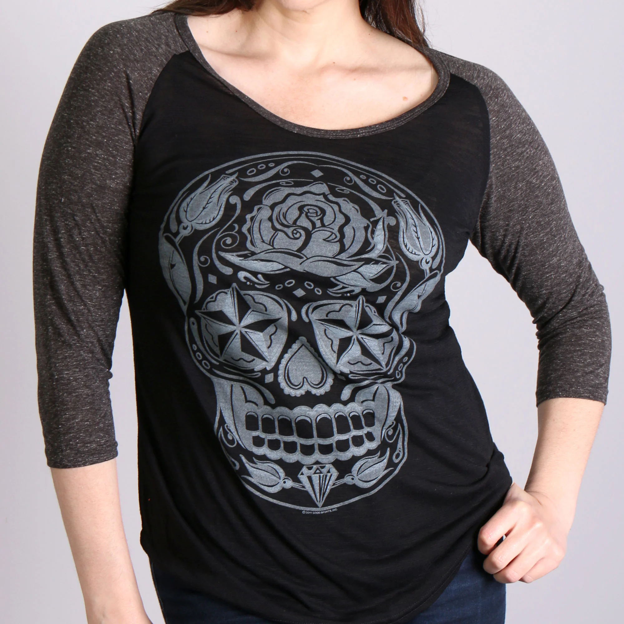 Exceptional Hot Leathers GLC3352 Sugar Skull Black and Heather Grey 3 4 Sleeve Ladies Shirt Breathable