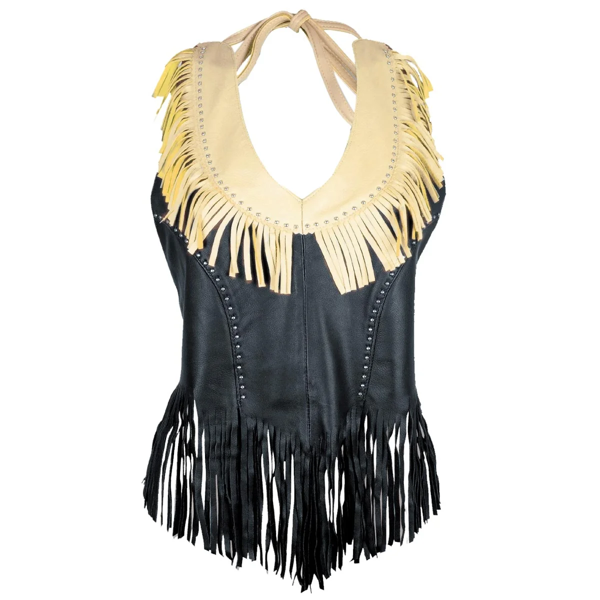 Functional Leather ML1898 Ladies Fringed Two Tone Black and Beige Leather Halter Top Trendy