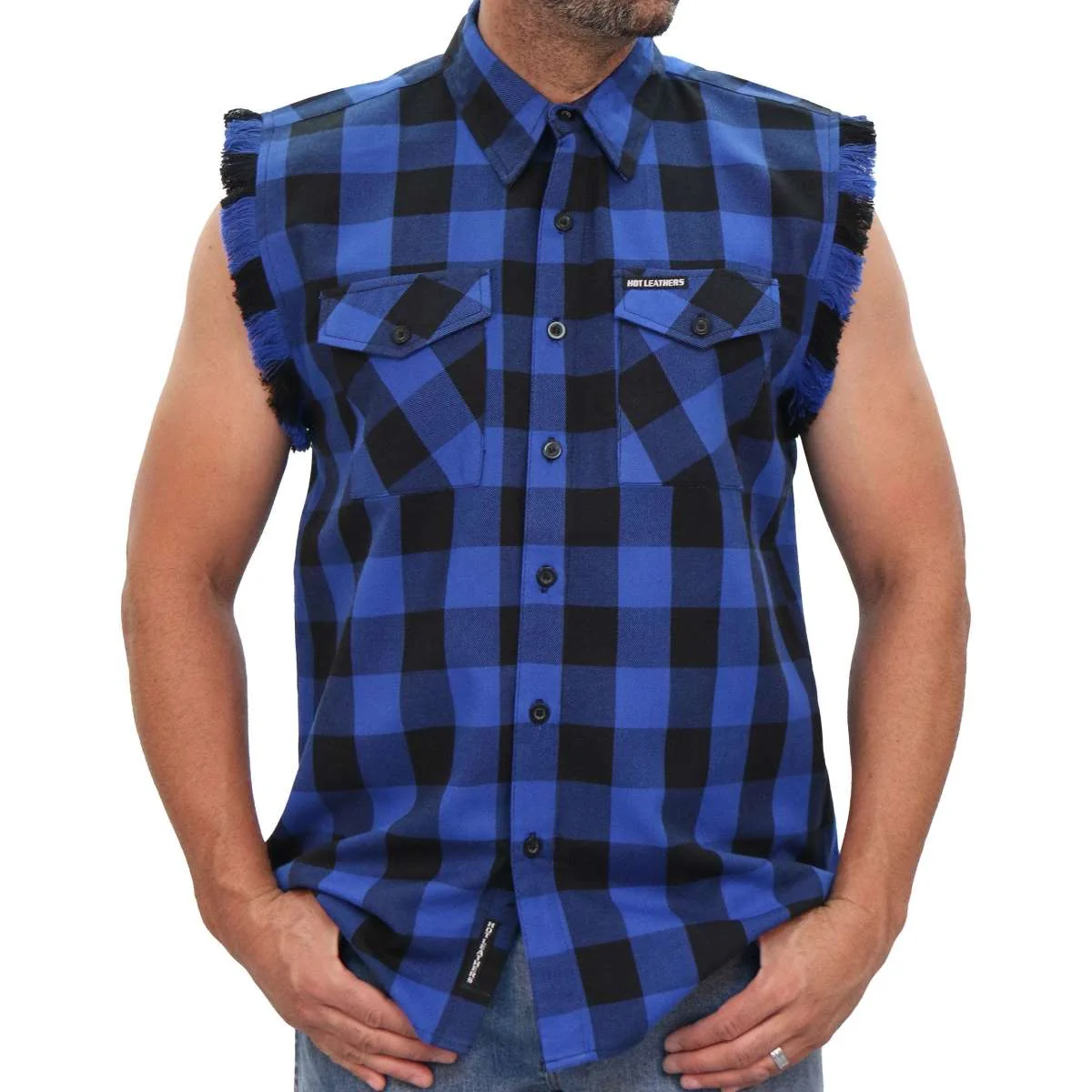 Premium Hot Leathers FLM5208 Men’s Sleeveless Fringe Blue and Black Flannel Shirt Specialty