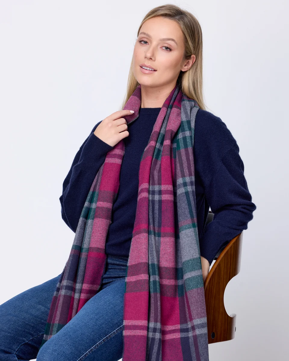 Carefully Designed Foxford Petunia Tartan Fine Wool Cashmere Blend Scarf Detailed