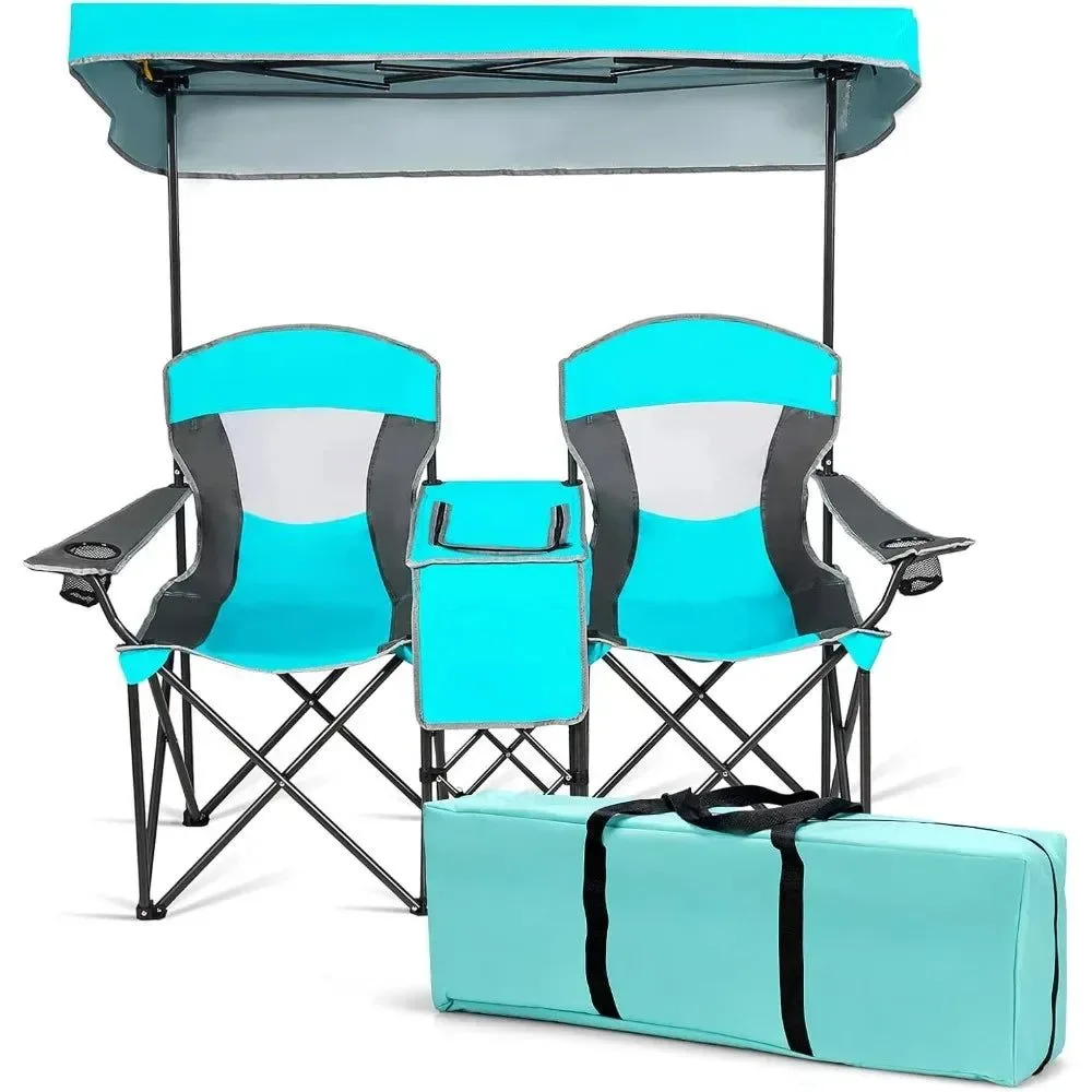 Superior Folding Camping Chairs with Mini Table and Beverage Cup Holder – Turquoise Fishing Beach Chair with Carrying Bag Adjustable CanopyRemovable CanopyFoldable and Portable DesignPractical Iced BagHandy Cup HolderConvenient Storage Pocket Exceptional