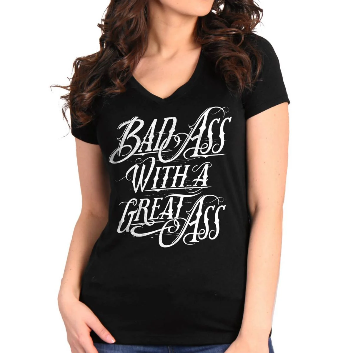Fast Hot Leathers GLC1589 Ladies Black Badass with A Great Ass V Burnout T-Shirt Outstanding