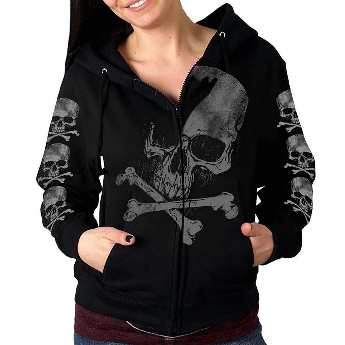 Flexible Hot Leathers GLZ4572 Ladies Black Zipper Hoodie w Gray X Bones Print Artwork Reusable