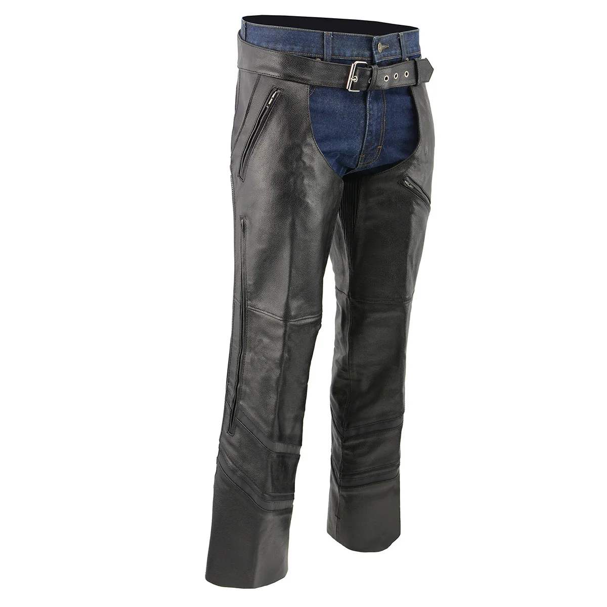 Effective Men s XS303 Black Jean Style Vented Leather Chaps with Reflective Material Comfortable