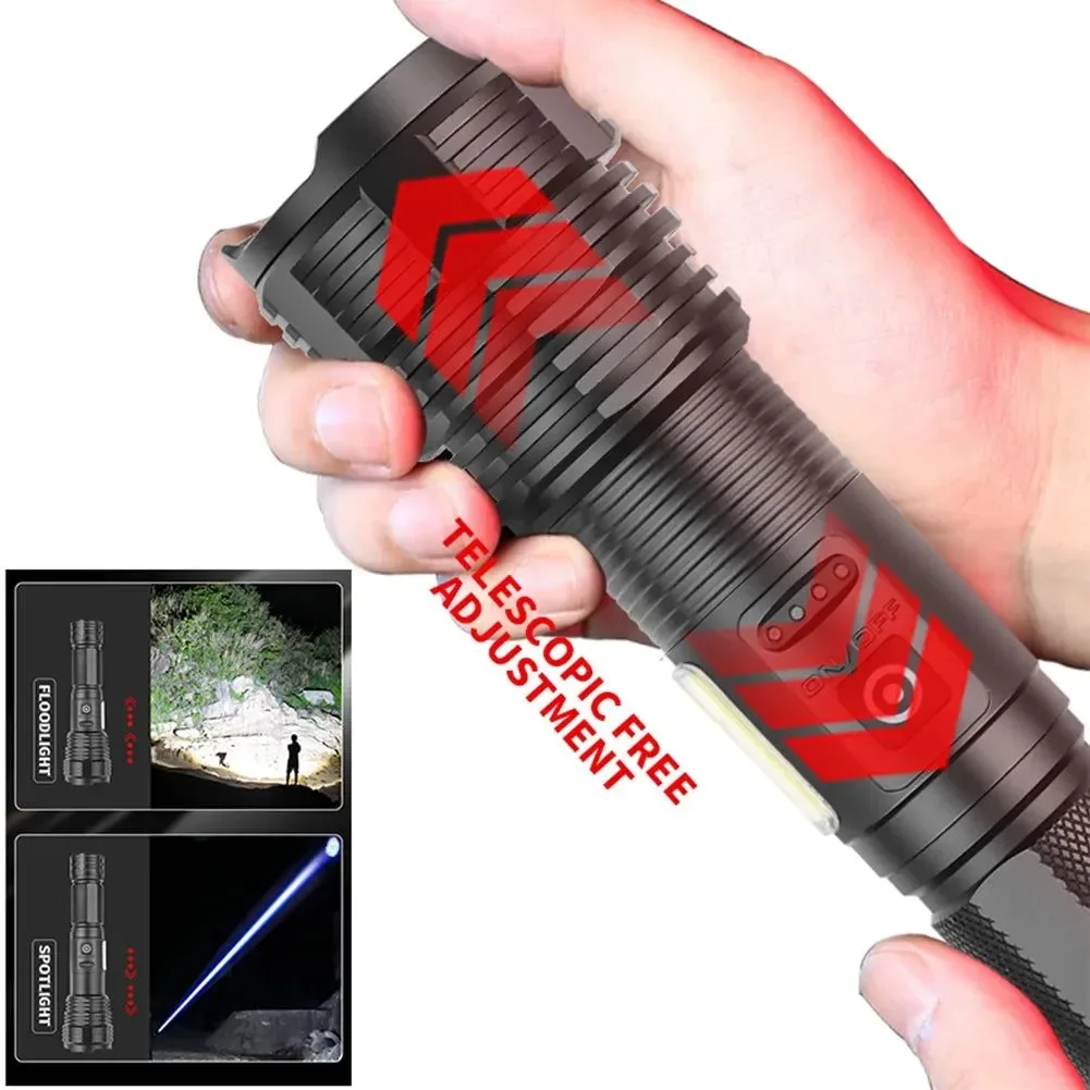 Verified Powerful Zoomable LED Flashlight with Side Light 5 Gears IPX4 Waterproof Easy-to-Use