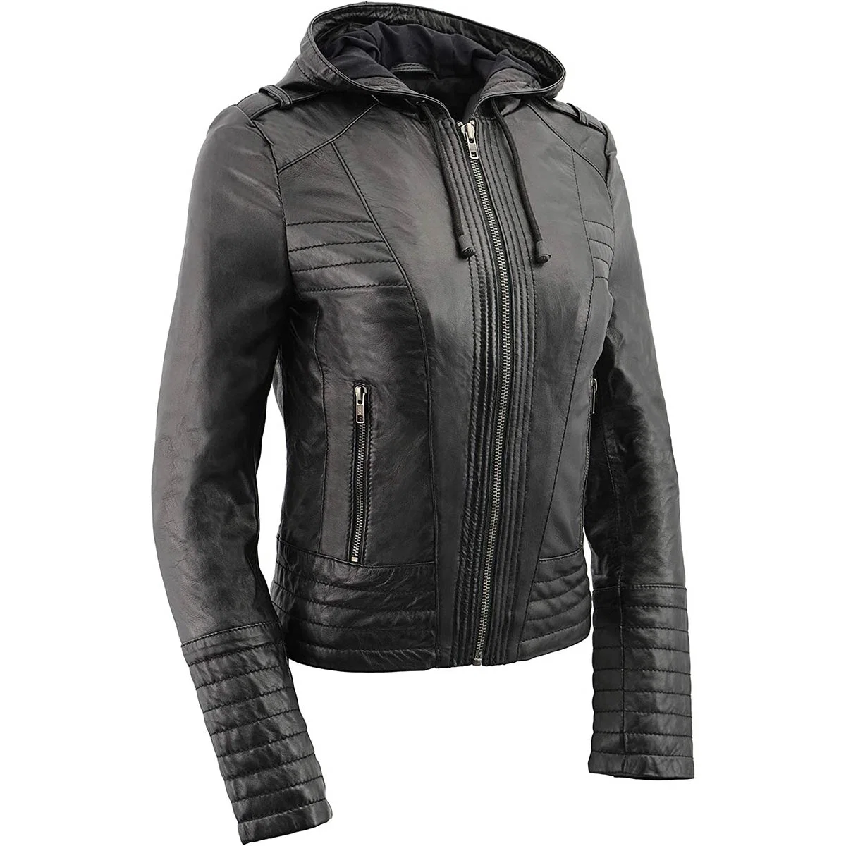 Unique M-Boss Apparel BOS3554 Women’s Black Premium Leather Fashion Biker Style Jacket w Hoodie Green
