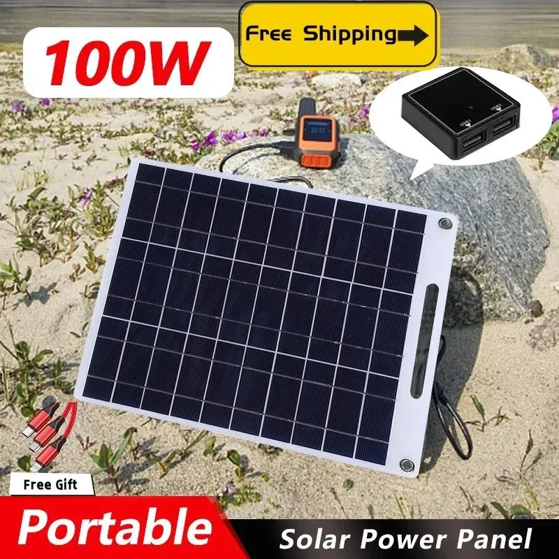 Top-Quality RZ 100W Solar Panel USB Waterproof Outdoor Hike Camping Portable Cells Battery Solar Charger Plate for Mobile Phone Power Bank Modern