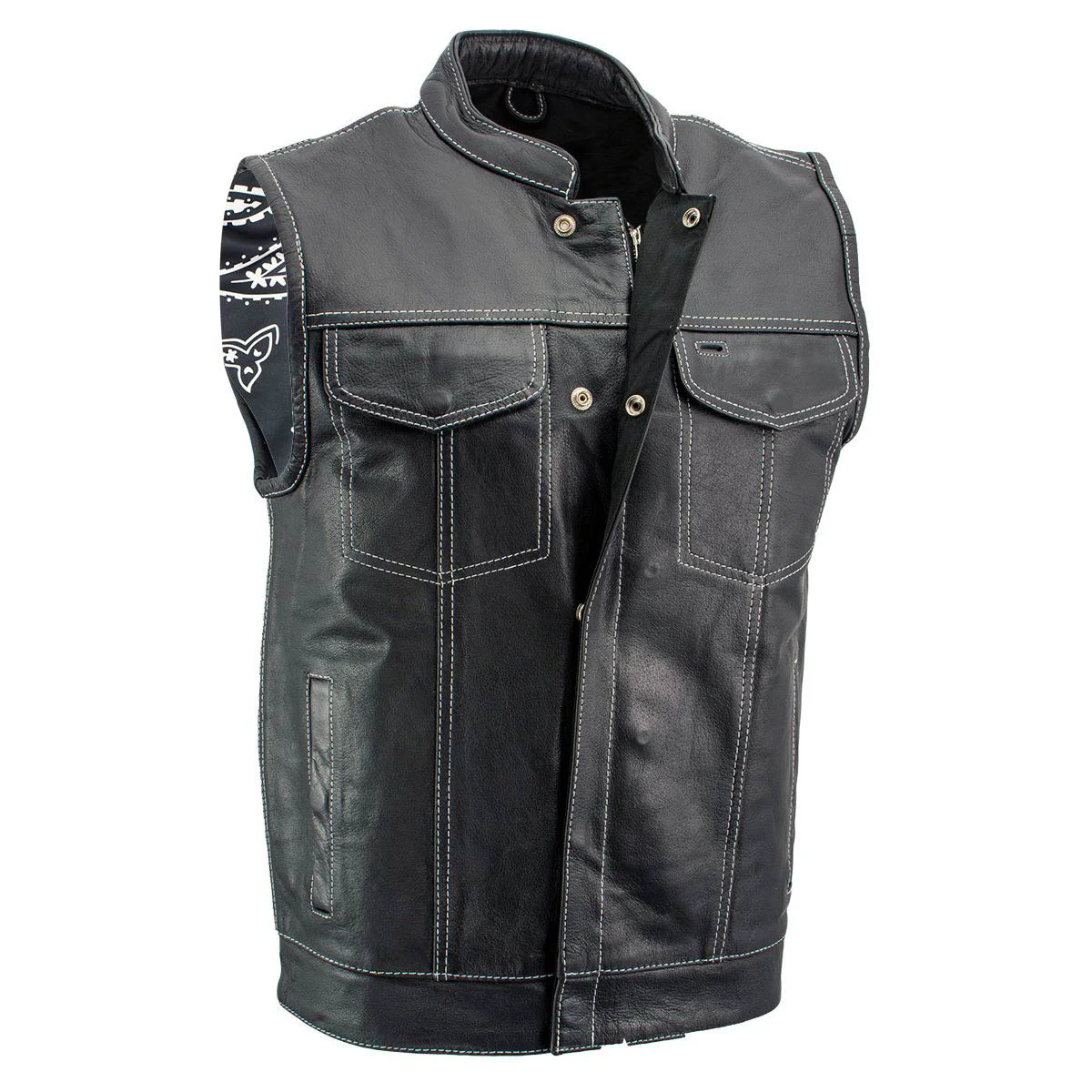 Functional Milwaukee Leather LKM3781 Men’s Black Premium Leather Motorcycle Biker Rider Vest w White Stitching and Paisley Liner Elite
