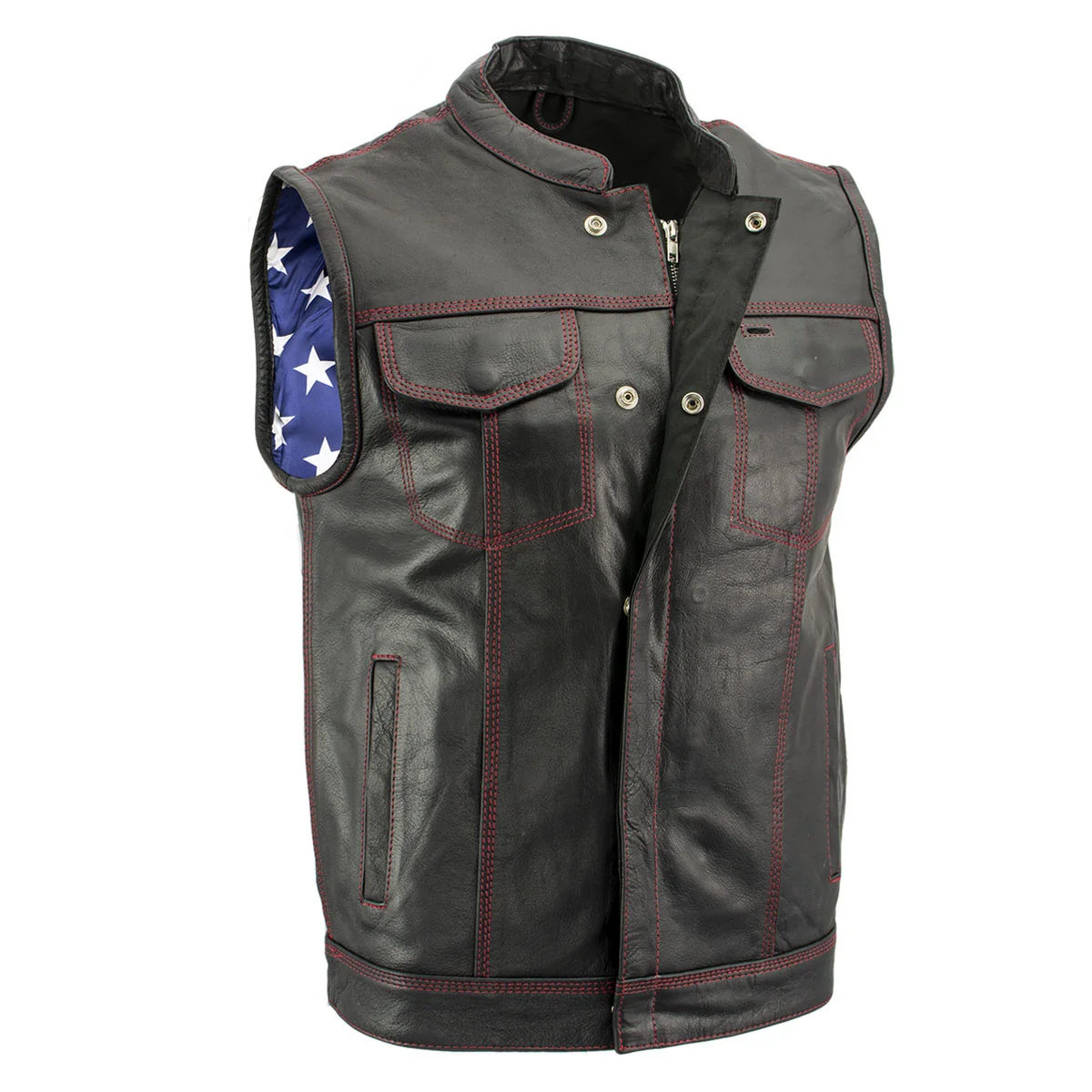 Functional Milwaukee Leather LKM3780 Men’s Black Premium Leather Motorcycle Rider Vest w Red Stitching and USA Inside Flag Lining Advanced