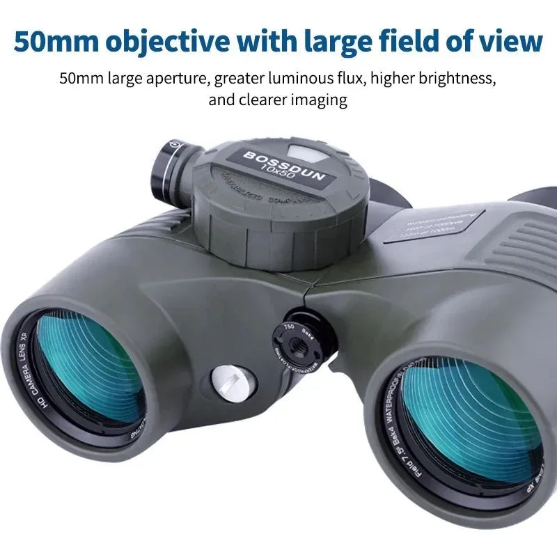 Superior 10X50 Professional Military Nautical HD Binoculars Waterproof Powerful Rangefinder with Compass for Hunting and Camping Organic