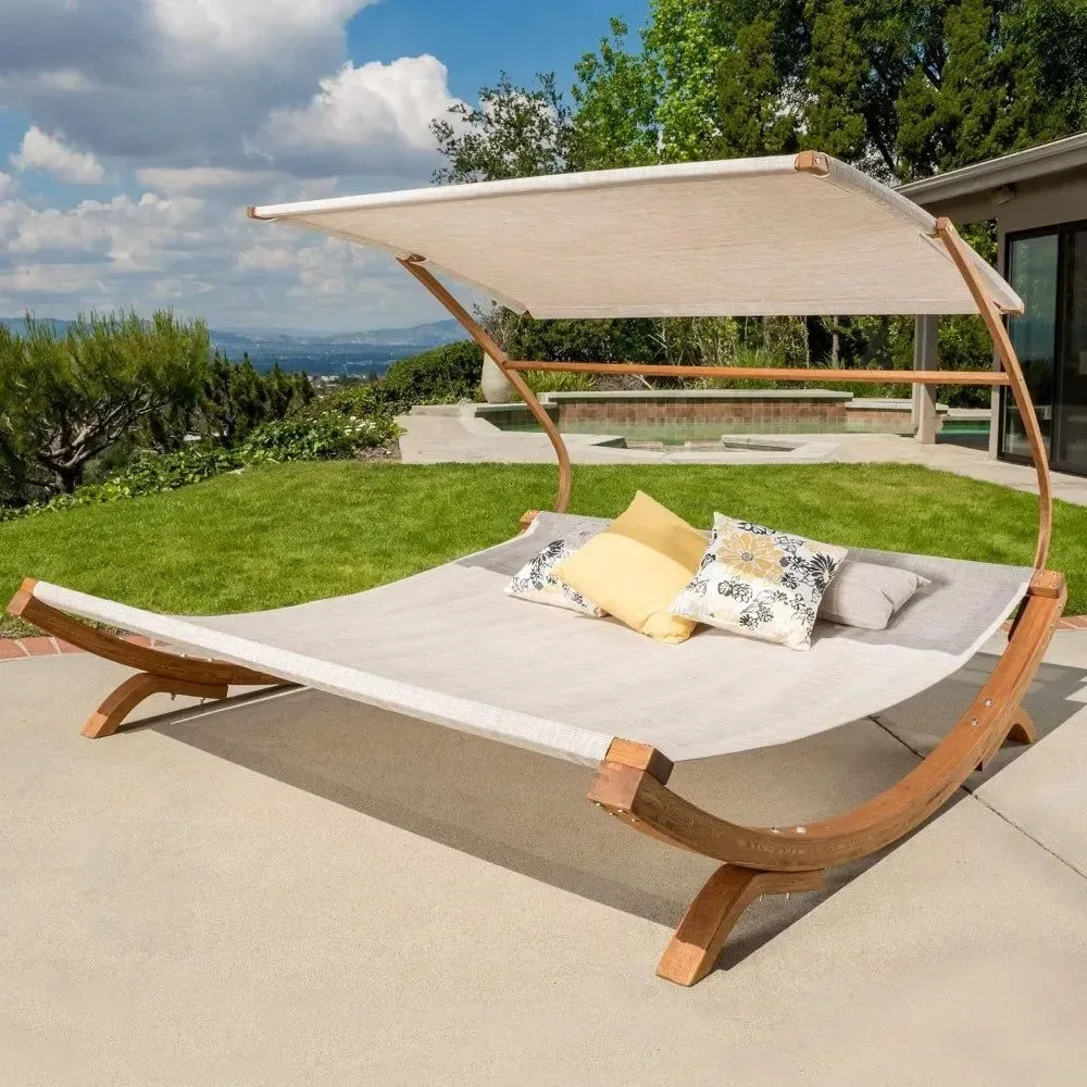 Unique Outdoor Patio Lounge Daybed Hammock with Adjustable Canopy – 300lb Capacity Teak Wood Frame Breathable Mesh Traditional