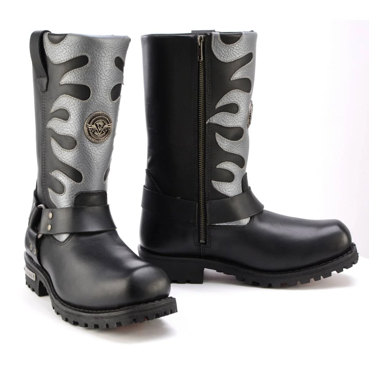 Crafted Milwaukee Leather Men s Fire Fight Harness Boots – Black Leather w Silver Flames 11″ Square Toe Inside Zipper – MBM9067 Verified