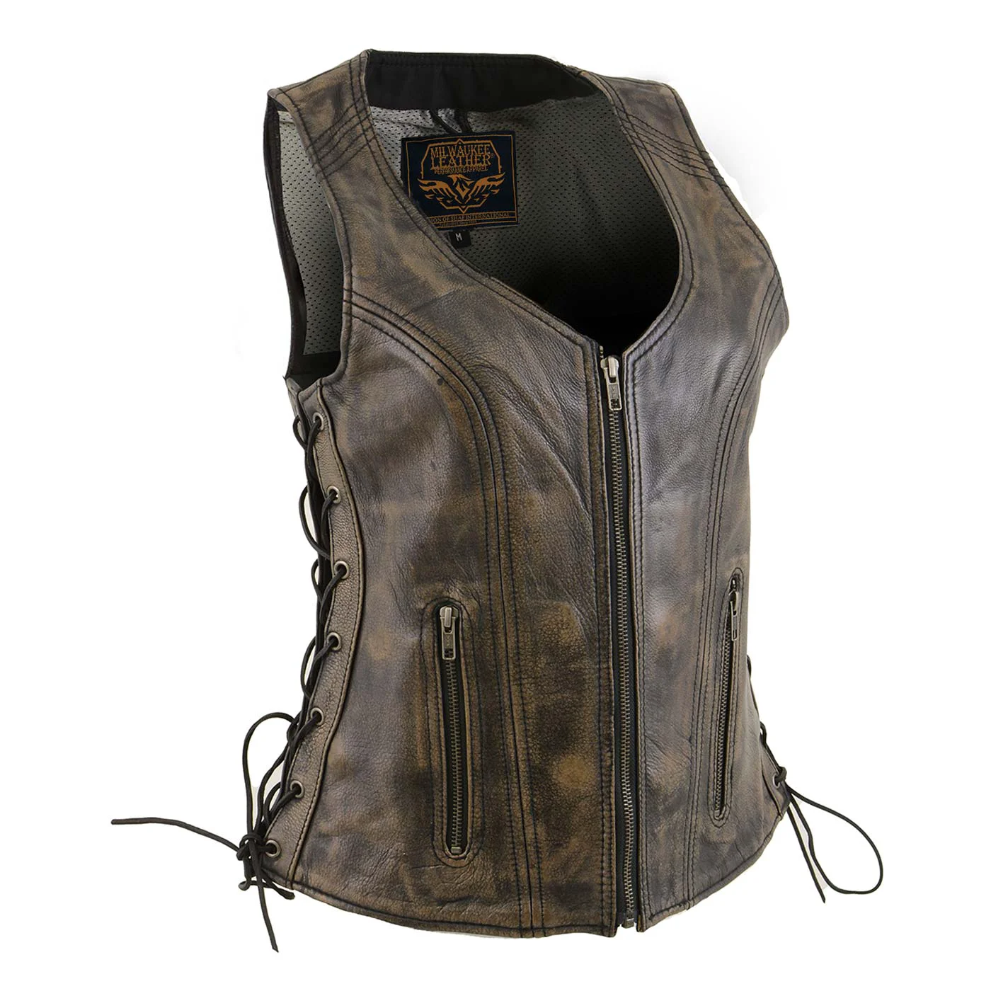 Secure Milwaukee Leather Women’s Bella Distressed Brown Leather Motorcycle Vest with Side Laces – LKL4719 Unique