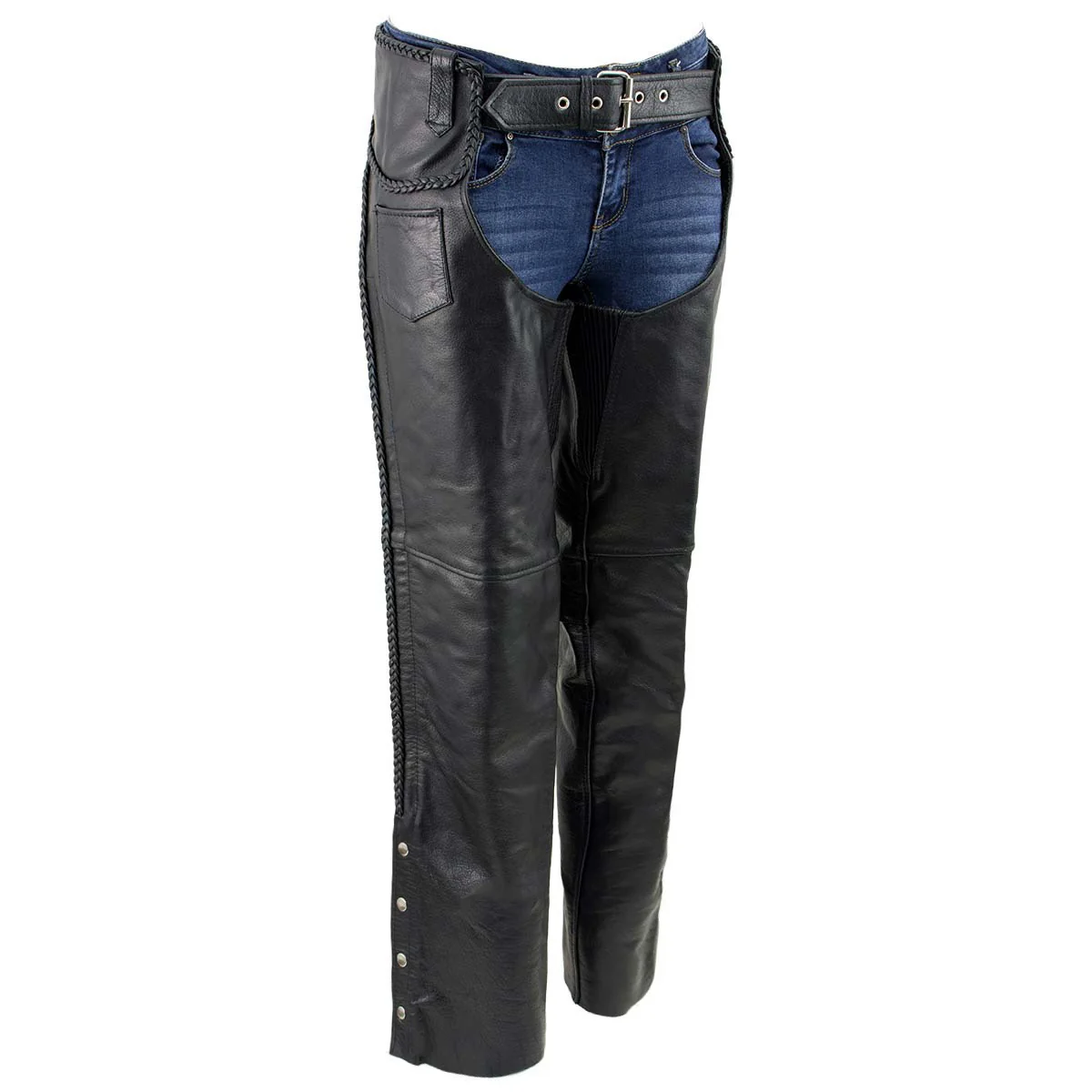 High-Grade Milwaukee Leather Women’s Black Braided Leather Motorcycle Chaps w Stretch Panels Adjustable Fit – LKL16700 Innovative