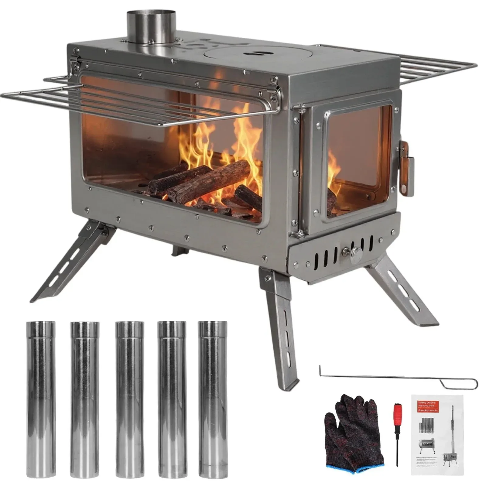 Exclusive Large Stainless Steel Tent Stove with Chimney Pipe Portable Wood Burner for Heating Cooking Trendy
