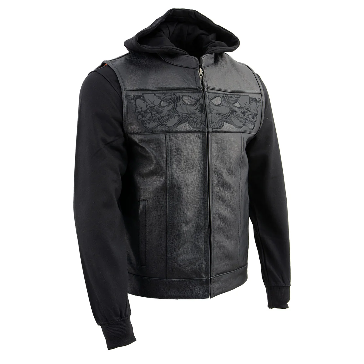 Dependable Milwaukee Leather MLM3563 Men’s Hell Raiser 2 in 1 Black Leather Vest w Removeable Hoodie – Reflective Skull Artwork Green