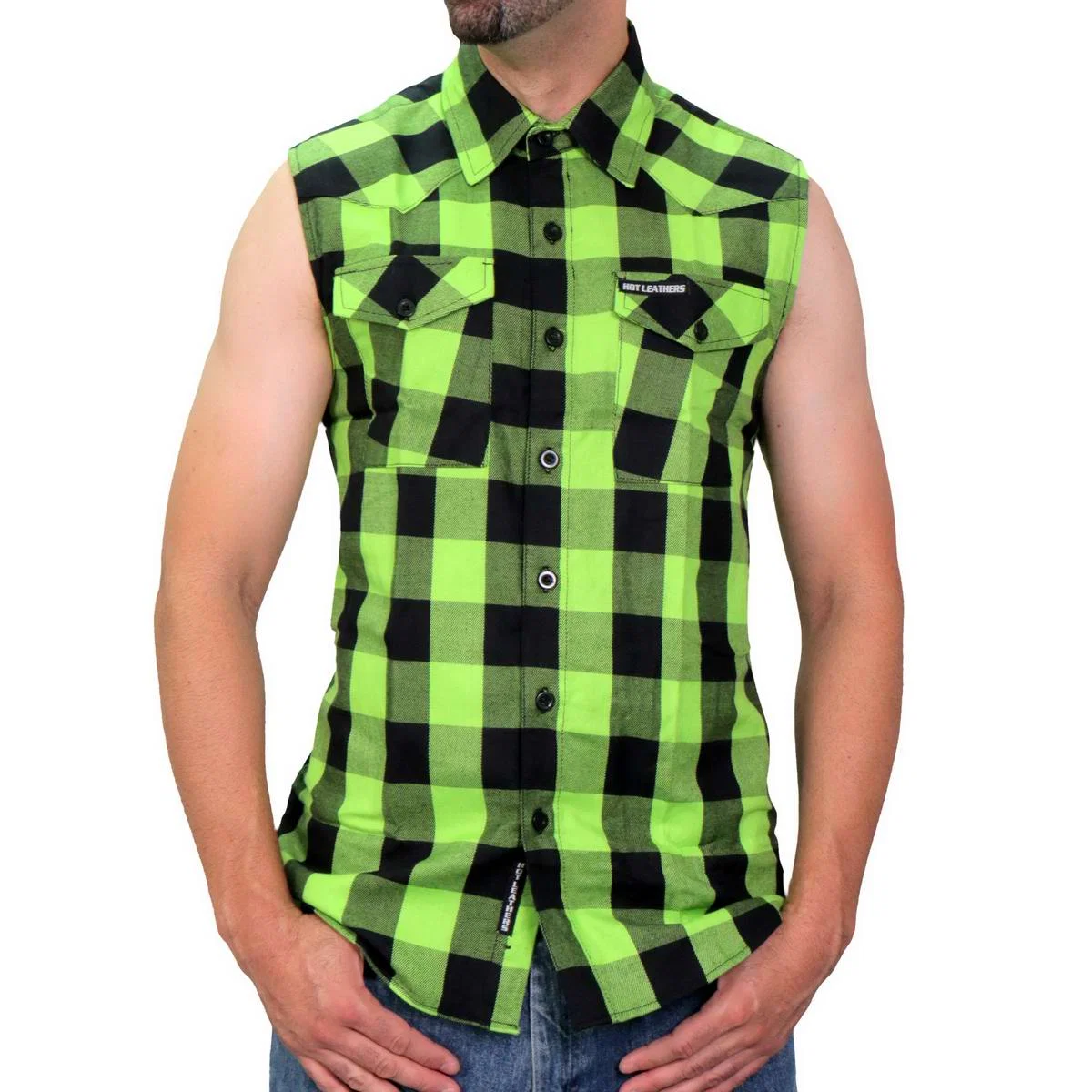 Advanced Hot Leathers FLM5002 Men s Black and Green Sleeveless Cotton Flannel Shirt Classic