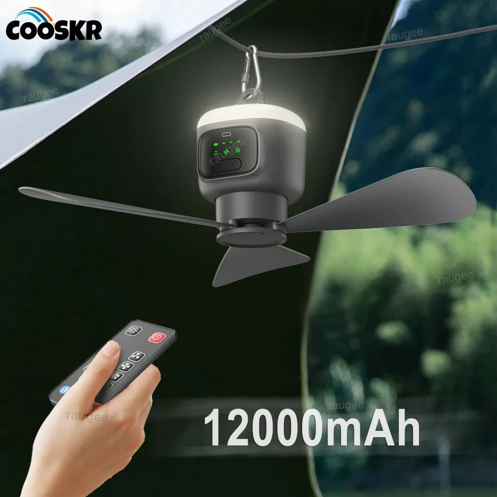Official 12000mAh Rechargeable Tent Ceiling Fan with Remote Control LED Light – 7.5hr Runtime for Camping Powerful