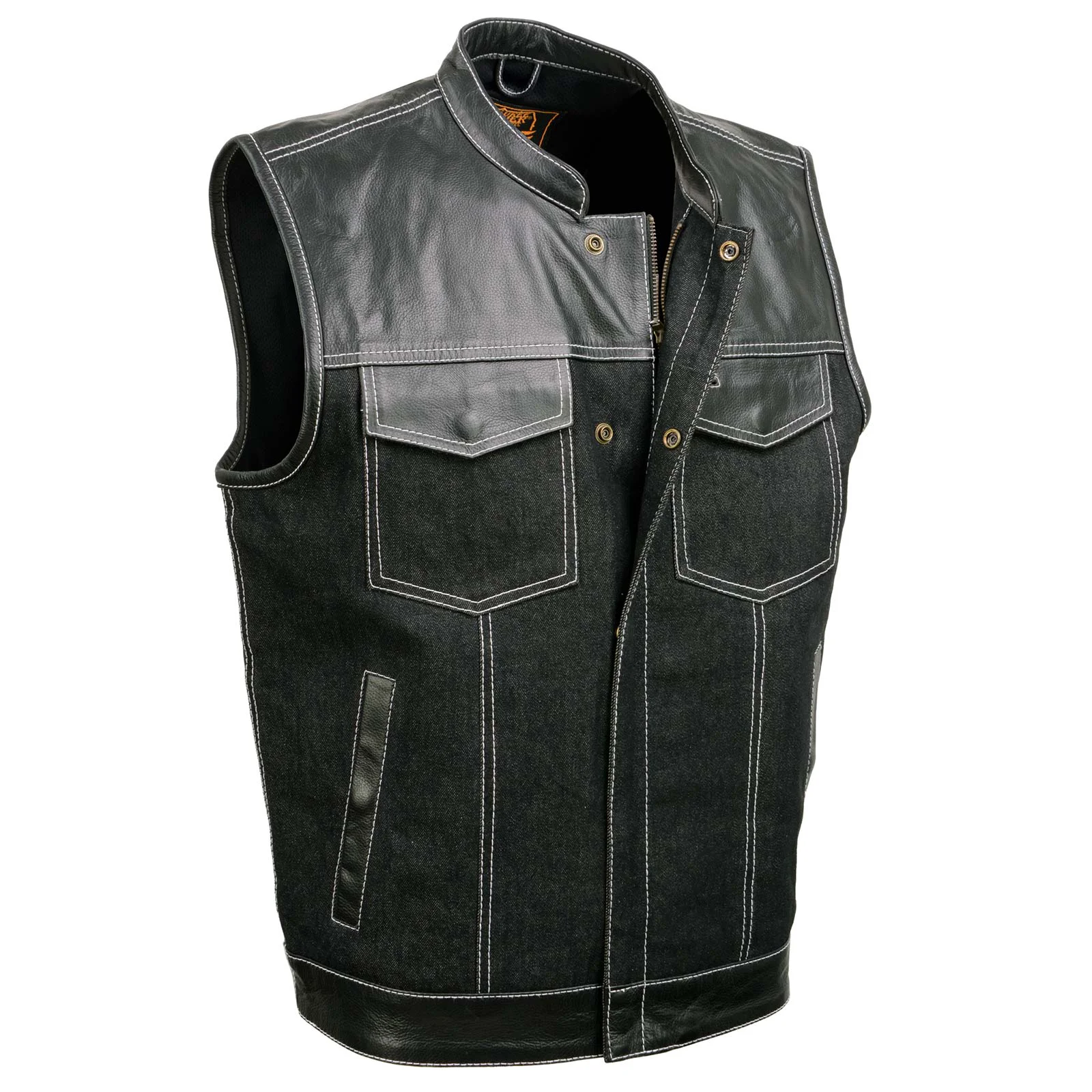 Practical Milwaukee Leather MDM3006 Men’s ‘Brute’ Black Denim and Black Leather Club Style Vest w Hidden Dual Closure Sustainable