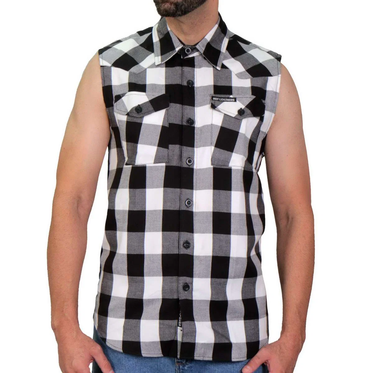 Professional Hot Leathers FLM5004 Men s Black and White Sleeveless Cotton Flannel Shirt Trusted