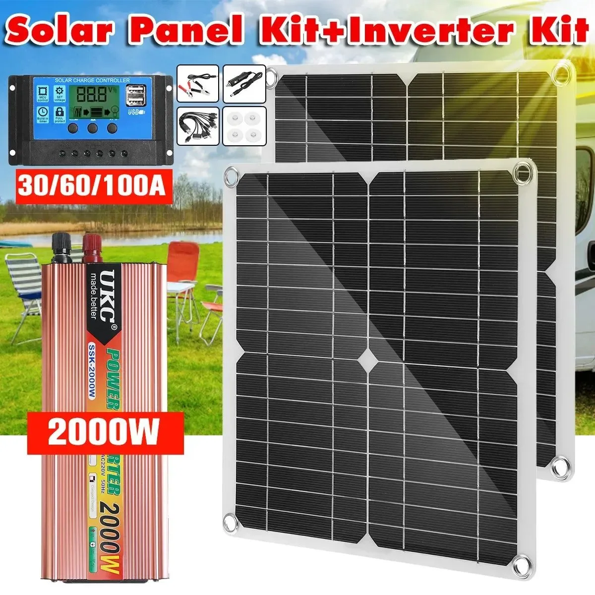 Comfortable Kit de panel solar de 2000 W con convertidor de energía para autocaravanas barcos cabañas casas y campamentos. Sustainable