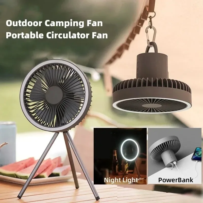 Classic Ventilador de camping portátil de 10000 mAh recargable de escritorio con circulación de aire inalámbrico de techo con banco de energía y luz LED. Trípode. Smart