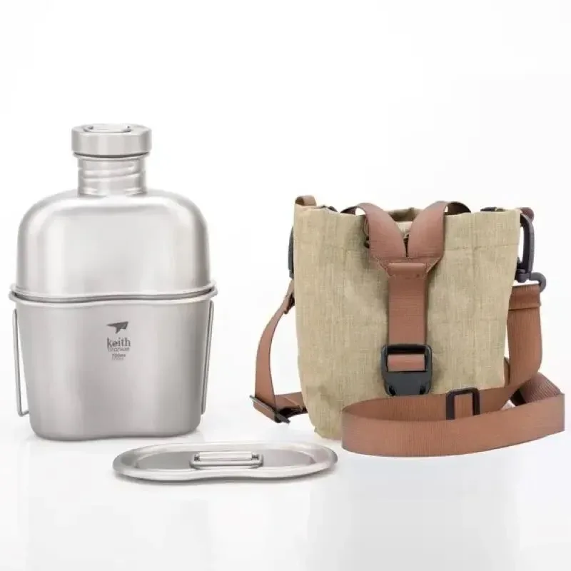 Professional Keith Ti3060 Pure Titanium Canteen Mess Kit – Ultralight Camping Water Bottle Cup Set with Carrying Pouch Premium