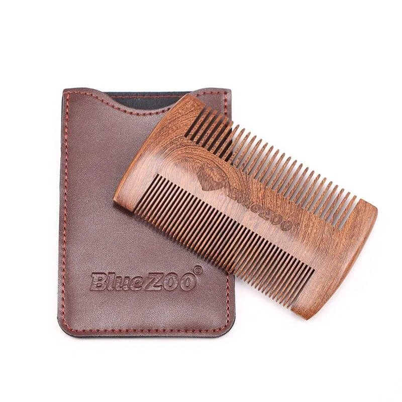 Green Sandalwood Beard Comb with Leather Case Soft
