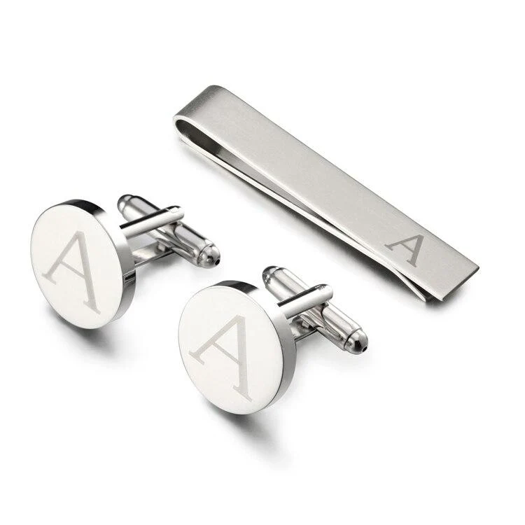 Relaxed Personalized Monogram Cufflinks Tie Bar Set Verified