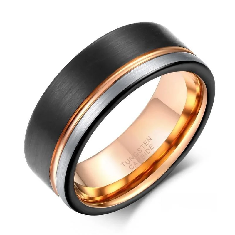 Modern Leonardo Tungsten Carbide Rose Gold Line Brushed Ring High-Quality