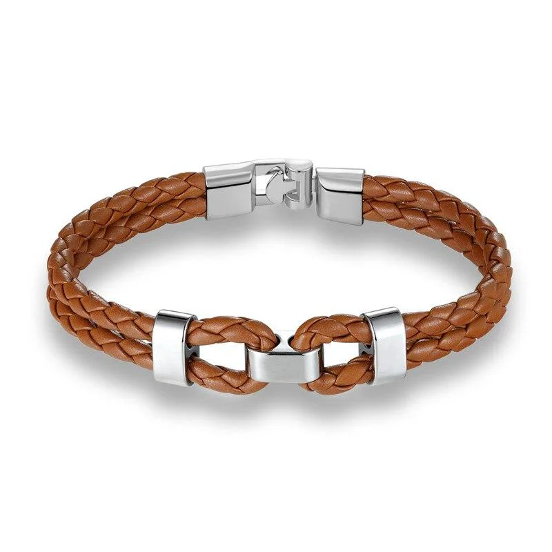 Specialty Pulsera de cuero trenzado con doble grillete de plata mate Official