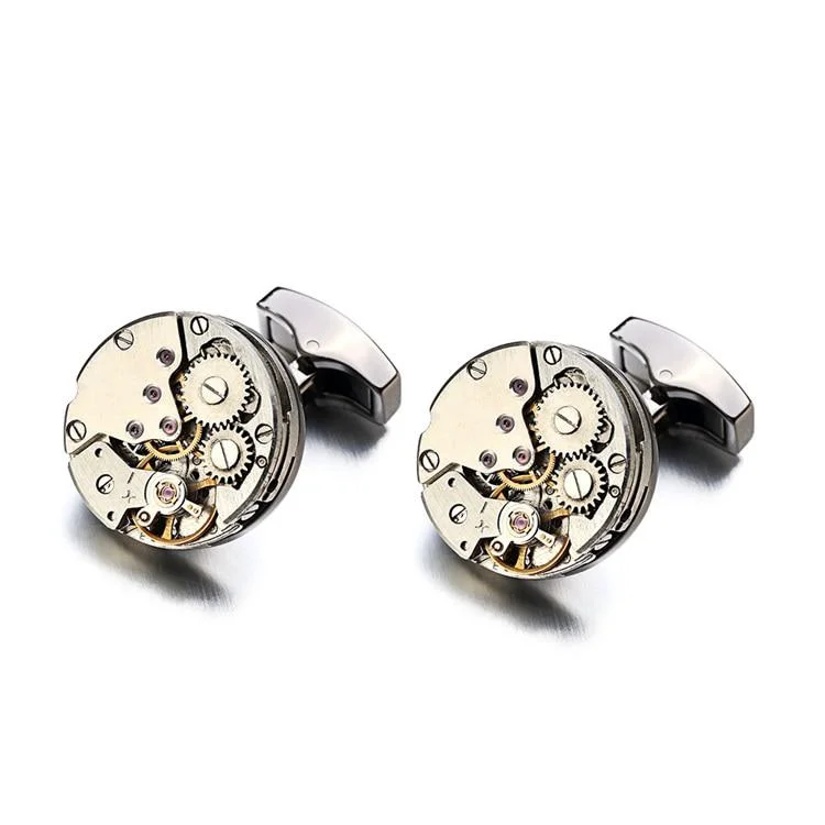 Durable Silver-Tone Mechanical Movement Cufflinks Comfortable