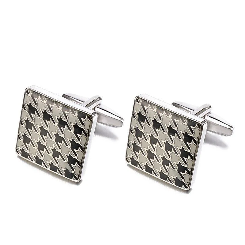 Elegant Houndstooth Square Enamel Cufflinks Fine Crafted