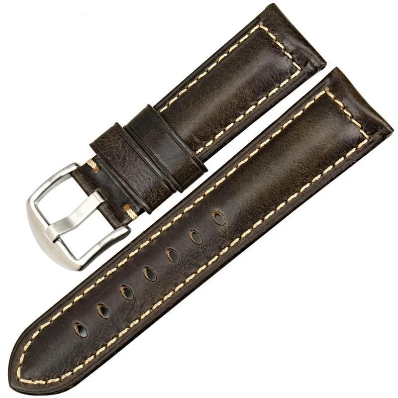 Minimalist Damien Oil Wax Leather Vintage Watch Strap With Silver Buckle First-Class