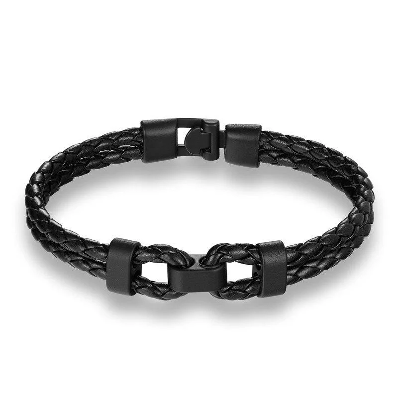 Functional Matte Black Double Shackle Braided Leather Bracelet Relaxed