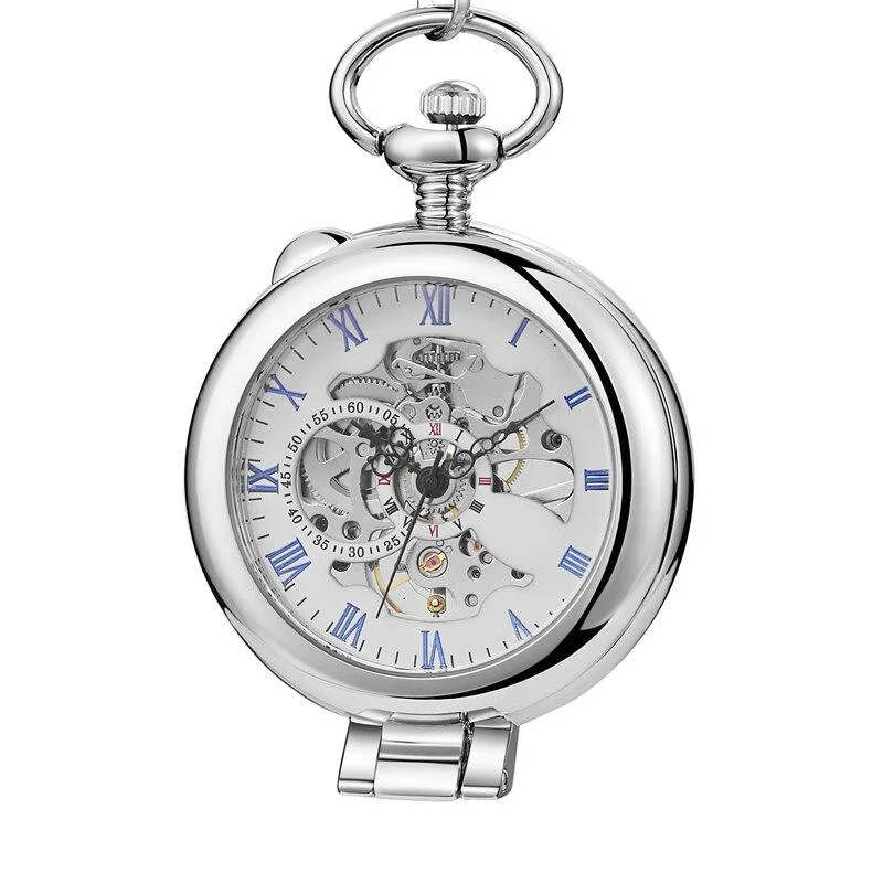 Proven Olaf Orkina Mechanical Skeleton Pocket Watch Silver High-Grade