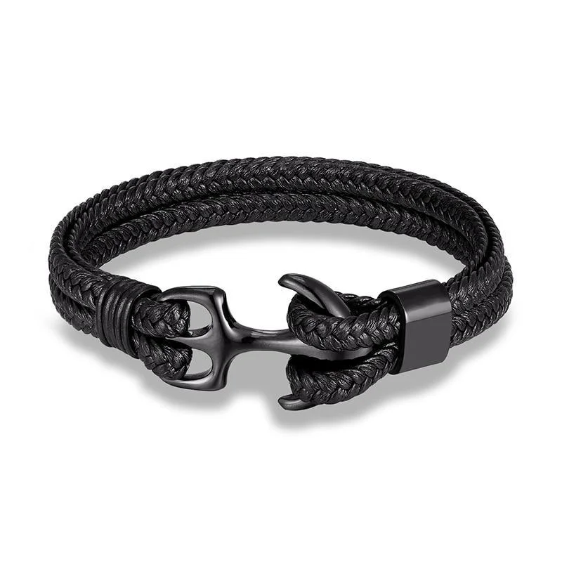 Durable Anchor Black Braided Leather Bracelet High-End