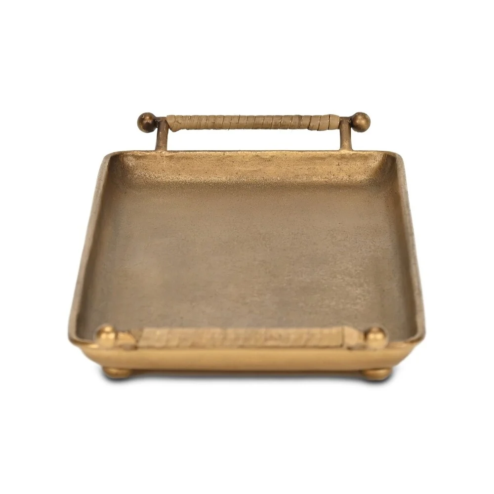 Durable Syla Gold Metal Tray w Wicker Wrapped Handles Clean
