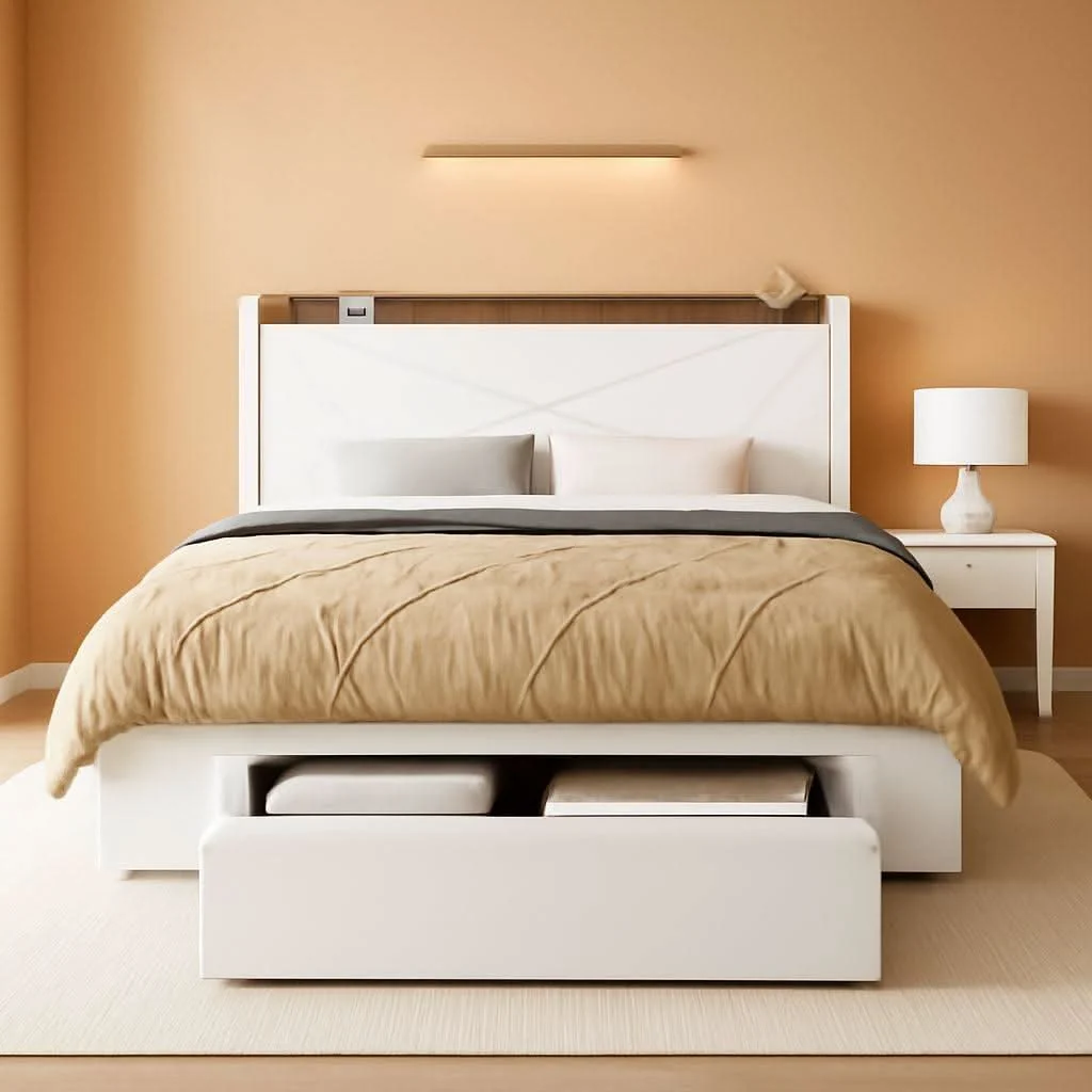 User-Friendly White Velvet Upholstered Bed Frame With USB Type C Ports Elite
