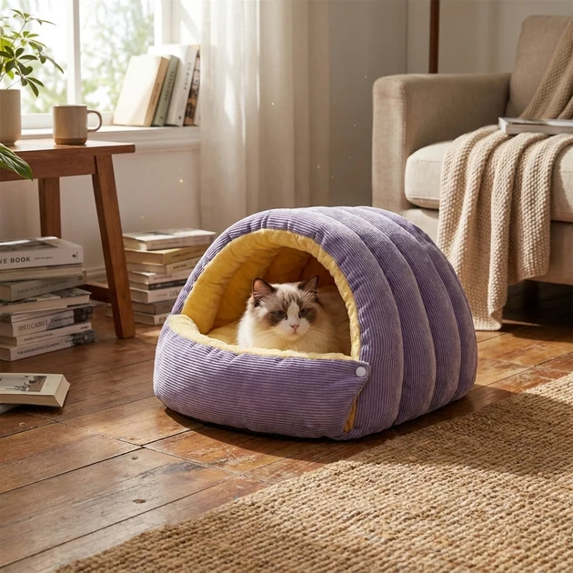 Stylish Warm Fleece Enclosed Cat Cave Bed Natural