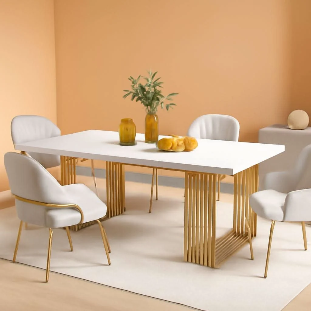 Premium Material White Gold Wood Dining Table 70 Inch Rectangular For Dining Room Functional