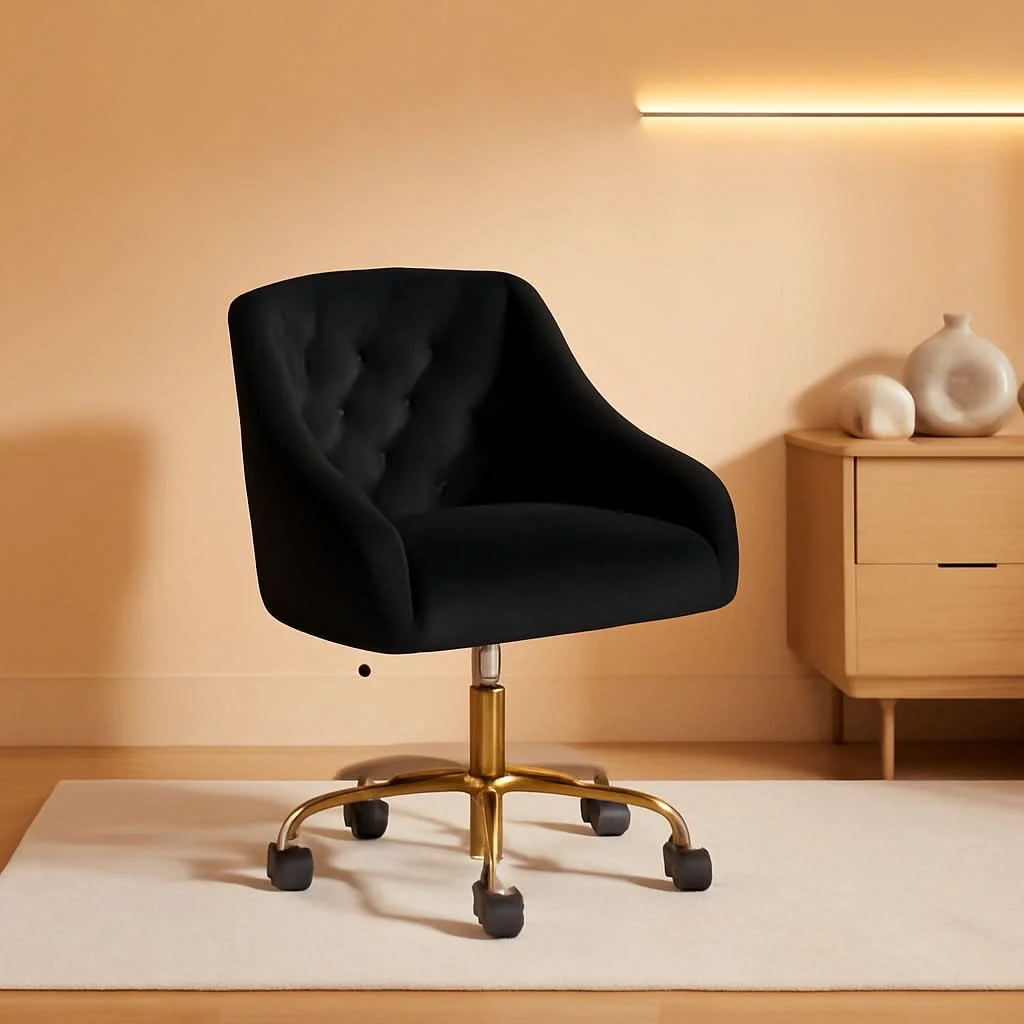 Traditional Black Velvet Office Chair 360 Swivel For Home Office Elegant