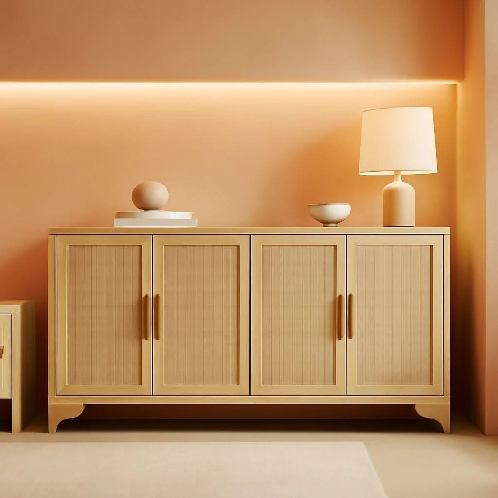 High-End Natural Rattan Four Door Sideboard Cabinet Engineered Wood Professional