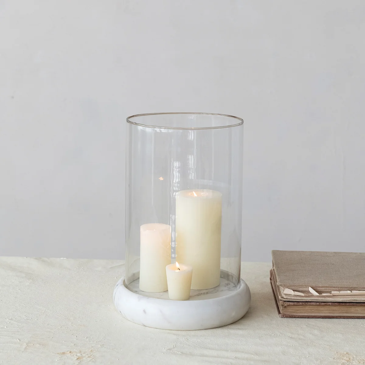 Modern Glass Hurricane with Marble Base White Functional