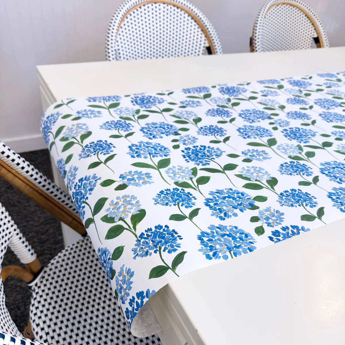 Functional Paper Table Runner Blue Hydrangeas Practical