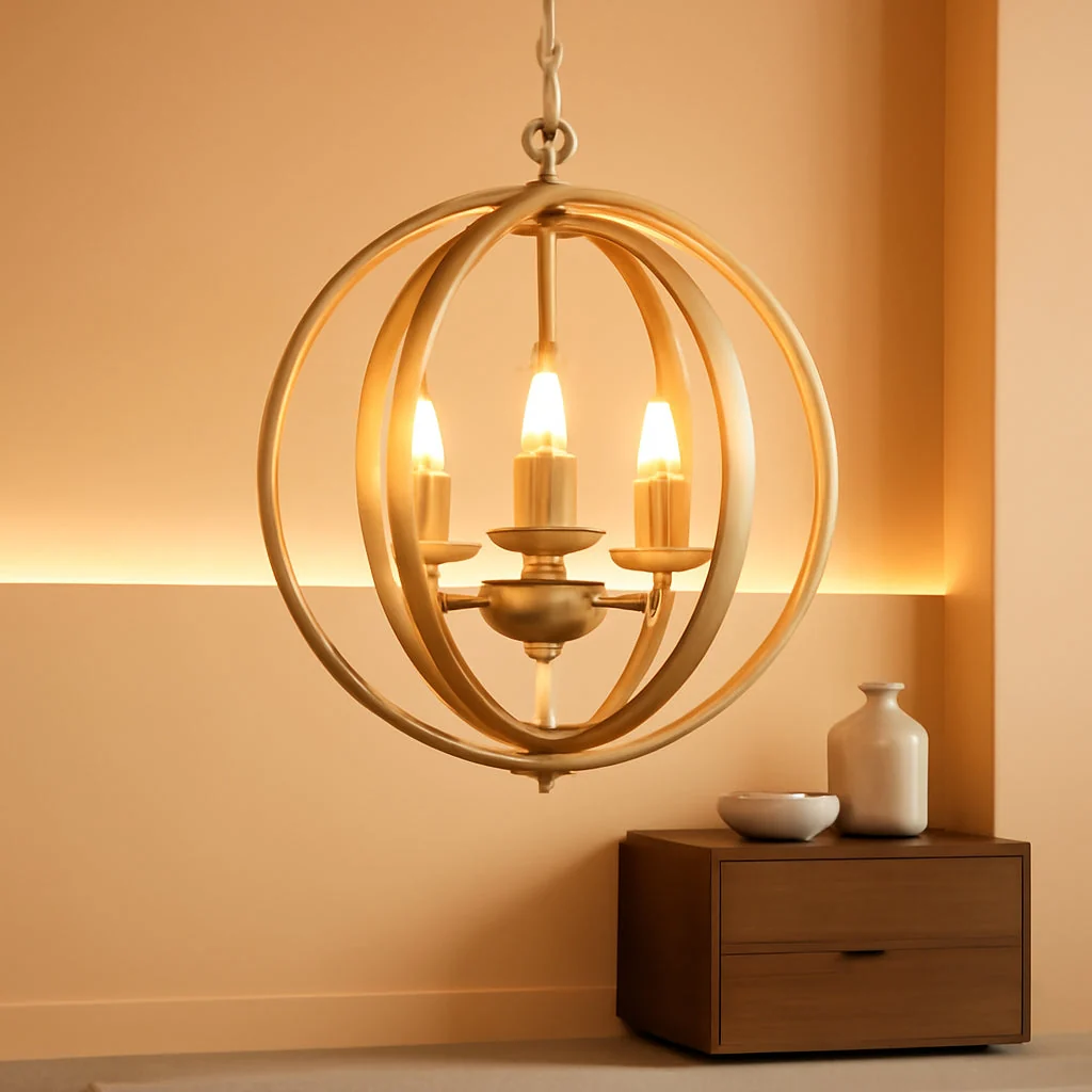 Trendy Gilded Orbital Chandelier Three Light Pendant Fixture Soft