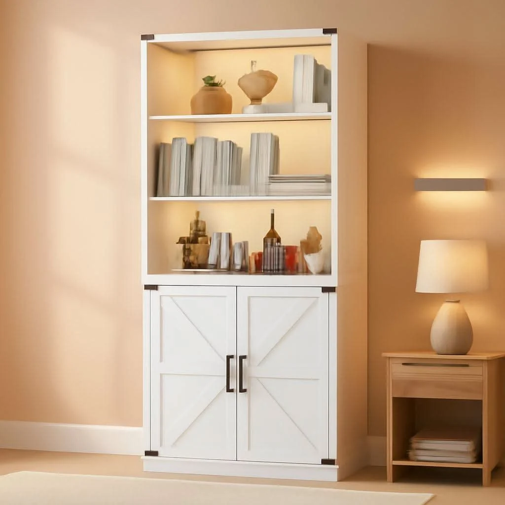 Elite White Five Tier Bookcase Unit With Doors LED Lighting Green