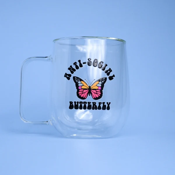 Contemporary Anti Social Butterfly Double Wall Glass Mug Certified