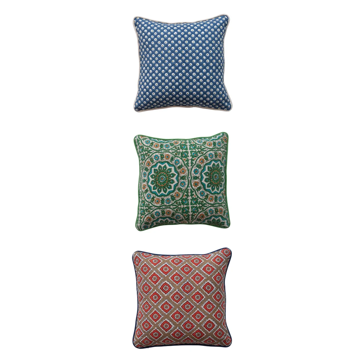 Relaxed 12 Square Cotton Slub Pillow with Block Print Pattern Piping Functional