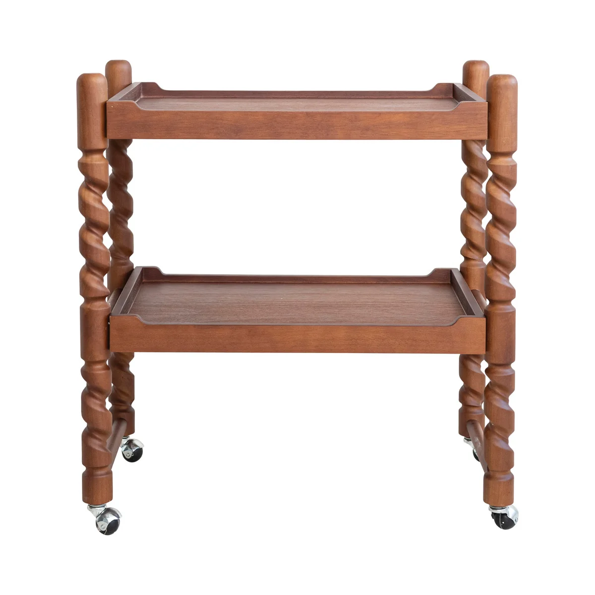 Fashionable Brushed Rubberwood 2-Tier Bar Cart with Turned Legs on Casters Walnut Finish Selected